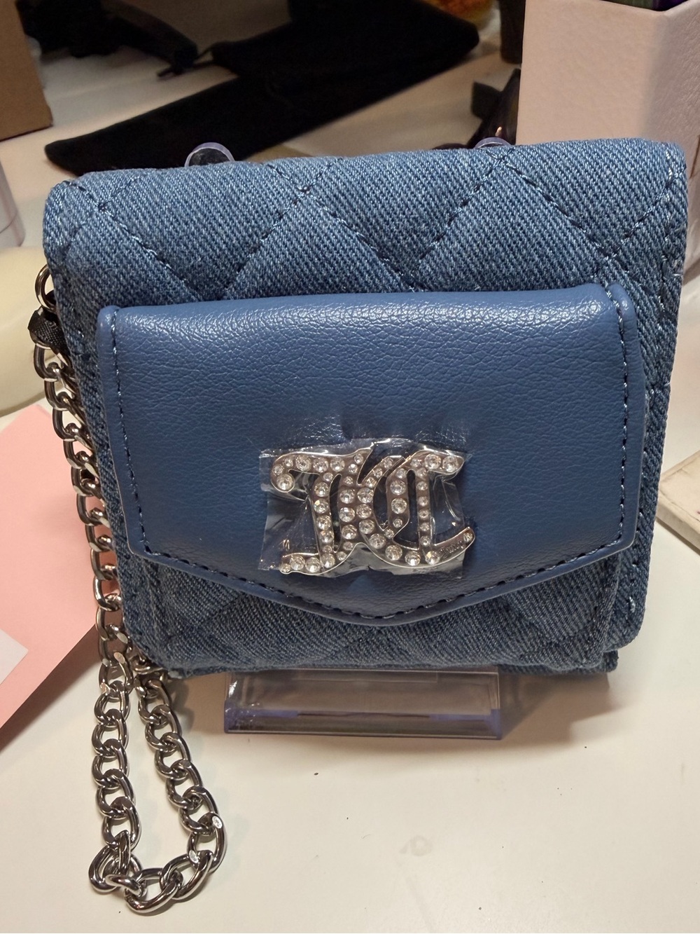 Quilted Light Blue Crossbody Wallet with Crystal Accent